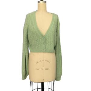 Cropped Fuzzy Cardigan Women’s Large V-Neck 3-Button -Blue Blush